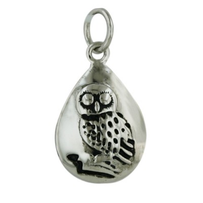 Sterling Silver Pendant Teardrop with Oxidized Owl-Rhodium Plating-