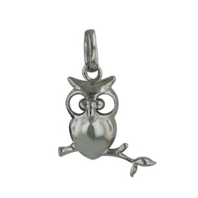 Sterling Silver Pendant Plain Silver Owl with Open Eyes-Rhodium Plating-