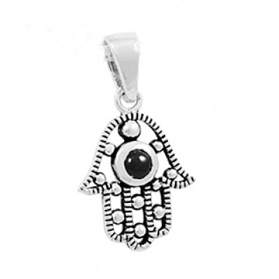 Sterling Silver Pendant Open Healing Hand with Black Cubic Zirconia (Cab)