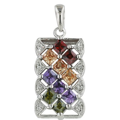 Sterling Silver Pendant Multicolor Cubic Zirconia Diagonal Design