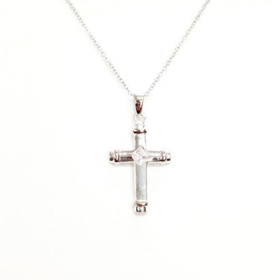 Sterling Silver Pendant 25.5X17.3mm Cross with Square Clear Cubic Zirconia Center