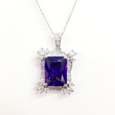 Sterling Silver Pendant 16X12mm Amethyst Rectangular Cubic Zirconia on Clear Cubic Zirconia Bezel