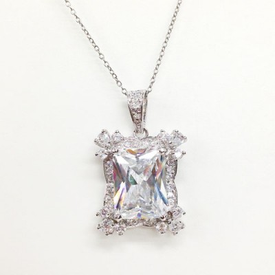 Sterling Silver Pendant 16X12mm Clear Rectangular Cubic Zirconia on Clear Cubic Zirconia Bezel