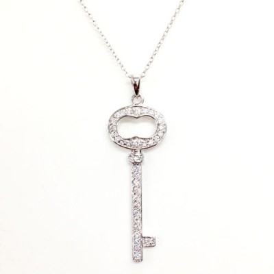 Sterling Silver Pendant 43X16mm Key Clear Cubic Zirconia Paved Oval Top