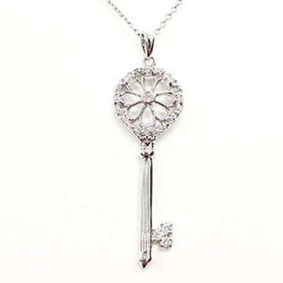 Sterling Silver Pendant Key Rd Rop Open Flower with Clear Cubic Zirconia