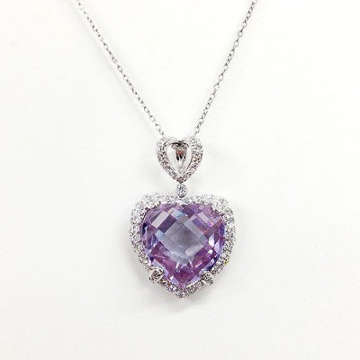 Sterling Silver Pendant 17mm Lv Heart in Clear Cubic Zirconia Bezel
