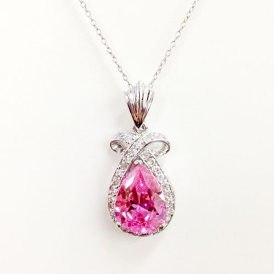 Sterling Silver Pendnt 12X16mm Pink Tear Drop Clear Cubic Zirconia Ribbon Bezel