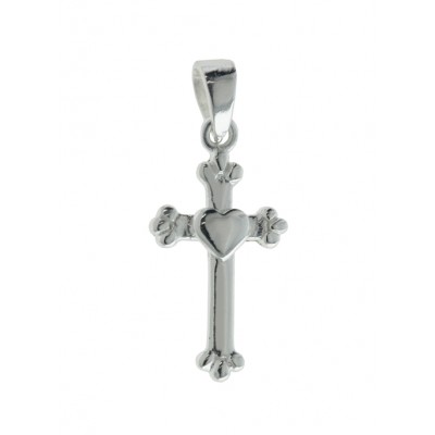 Sterling Silver Pendant 15X9mm Plain Cross with Heart Center