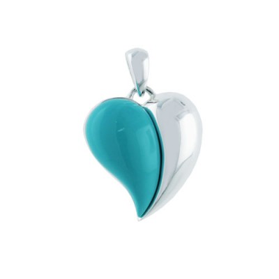 Sterling Silver Pendant Slanted Heart Half Plain Half Turquoise