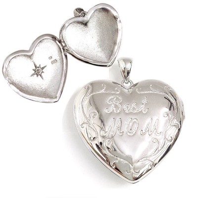 Sterling Silver Pendant Locket "Best Mom" with Filigree on Side