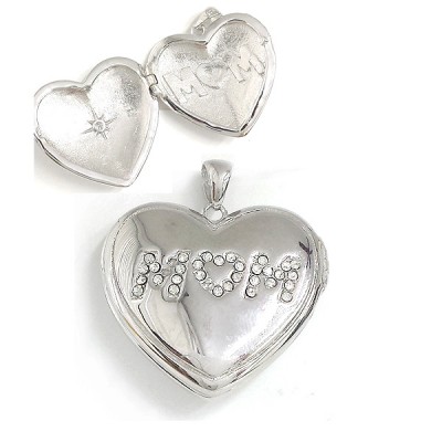 Sterling Silver Pendant Locket Clear Cubic Zirconia Paved "Mom" Heart"O"