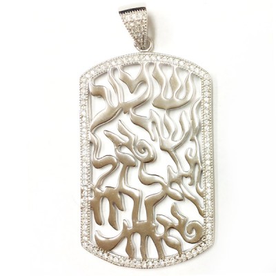 Sterling Silver Pendant Shema Tag with Clear Cubic Zirconia -Rh+Rh-