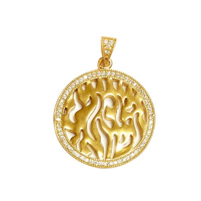 Sterling Silver Pendant 23.3mm Rd Shema with Clear Cubic Zirconia -Gold+Gold-