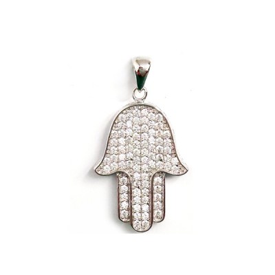 Sterling Silver Pendant Clear Cubic Zirconia Paved Healing Hand -Rhodium Plating-