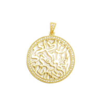 Sterling Silver Pendant 25mm Rd Shema with Clear Cubic Zirconia -Gold+Gold-