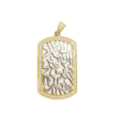 Sterling Silver Pendant Shema Tag Small with Clear Cubic Zirconia -Rh+Gold-