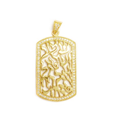 Sterling Silver Pendant Shema Tag Small with Clear Cubic Zirconia -Gold+Gold-