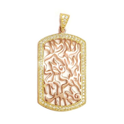 Sterling Silver Pendant Shema Tag Small with Clear Cubic Zirconia -Rose+Gold-