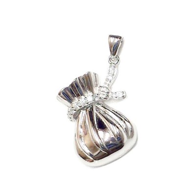 Sterling Silver Pendant Money Pouch with Clear Cubic Zirconia Pave Tide on Top