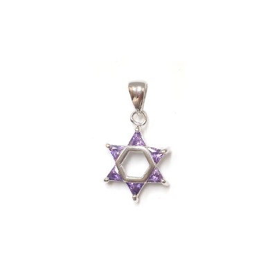 Sterling Silver Pendant Jewish Star with Amethyst Cubic Zirconia -Rhodium Plating Plating