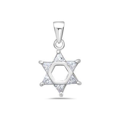 Sterling Silver Pendant Jewish Star with Clear Cubic Zirconia -Rhodium Plating Plating