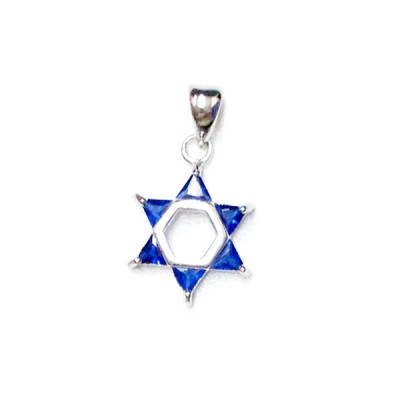 Sterling Silver Pendant Jewish Star with Sapphire Glass -Rhodium Plating Plate