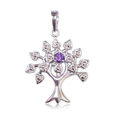 Sterling Silver Pendnat Tree of Life Birthstone Amethyst Cubic Zirconia