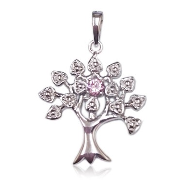 Sterling Silver Pendnat Tree of Life Birthstone Pink Cubic Zirconia