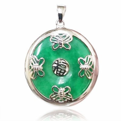 Sterling Silver Pendant Green Jade Doughnut Butterfly Style