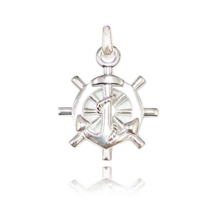 Sterling Silver Pendant Plain Anchor on Steering Wheel with Rope