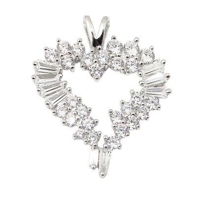 SS Pendant Clear Round And Baguette Cz Open Heart, Clear