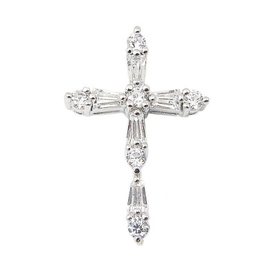 SS Pendant Clear Round And Baguette Cz Cross, Clear