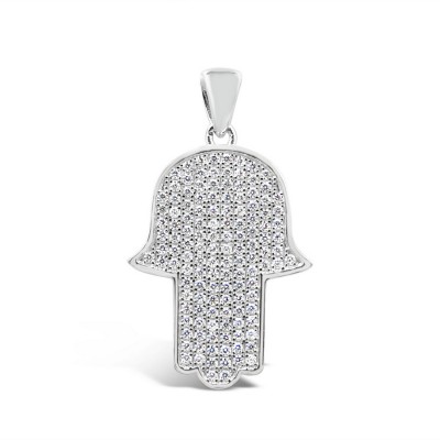 STERLING SILVER PENDANT CLEAR CUBIC ZIRCONIA MICROPAVE HAMSA HAND