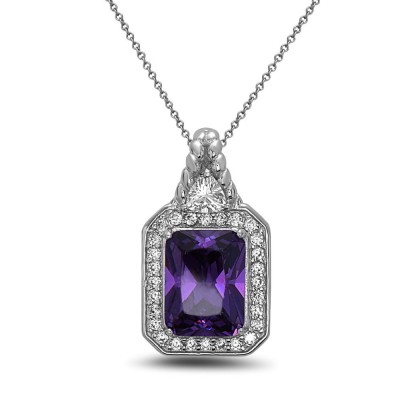 STERLING SILVER PENDANT RECTANGULAR AMETHYST CUBIC ZIRCONIA