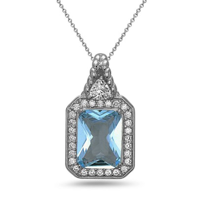 STERLING SILVER PENDANT RECTANGULAR AQUA BLUE GLASS