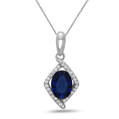 STERLING SILVER PENDANT RHOMBUS OVAL SAPPHIRE GLASS