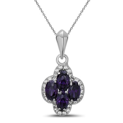 STERLING SILVER PENDANT 4 OVAL AMETHYST CZ+ CUBIC ZIRCONIA AROUND