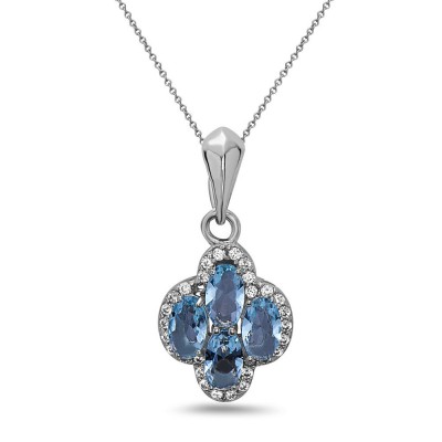 STERLING SILVER PENDANT 4 OVAL AQUA BLUE GLASS CUBIC ZIRCONIA AROUND