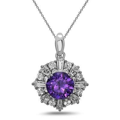 STERLING SILVER PENDANT AMETHYST CUBIC ZIRCONIA FLOWER BAGUETTE CLEAR