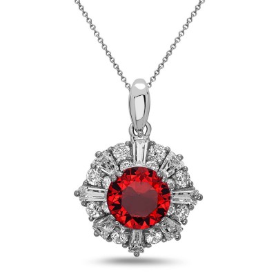 STERLING SILVER PENDANT AMETHYST CUBIC ZIRCONIA FLOWER BAGUETTE CLEAR_RB