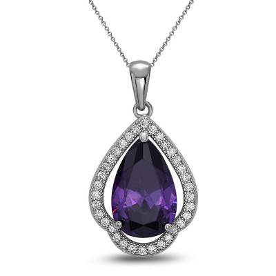 STERLING SILVER PENDANT TEAR DROP AMETHYST CUBIC ZIRCONIA AROUND