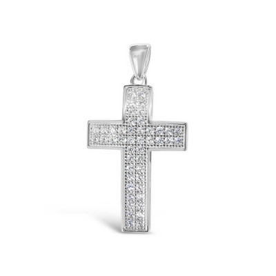 Sterling Silver Pendant Cross Clear Cubic Zirconia Pave-Rhodium Plated