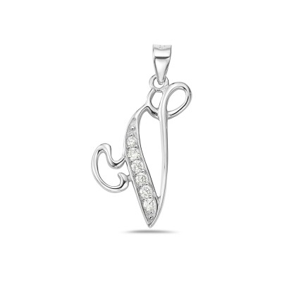 Sterling Silver Pendant Initial V Script Clear Cubic Zirconia