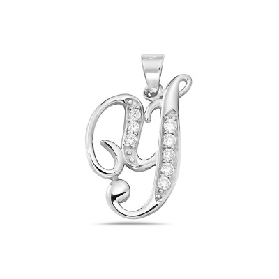Sterling Silver Pendant Initial Y Script Clear Cubic Zirconia