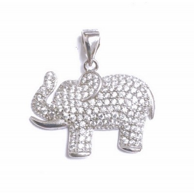 Sterling Silver Pendant Elephant With Up Trunk Pave Clear Cubic Zirconia