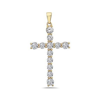 Sterling Silver Pendant Cross 5Mm+6 Mm Round Clear Cubic Zirconia Gold Plat