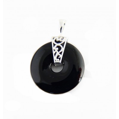 Sterling Silver Pendant Black Onyx Donut With Silver Filgree En