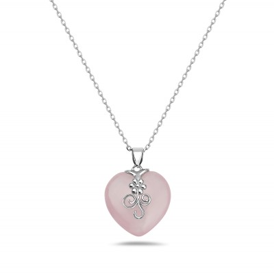 Heart Rose Quartz Flower Vine Pendant Necklace