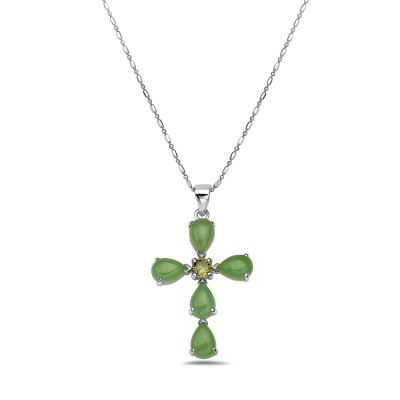 Sterling Silver PENDANT CROSS WITH 5 PCS GREEN JADE AND 1 PC OF-6S-5066J