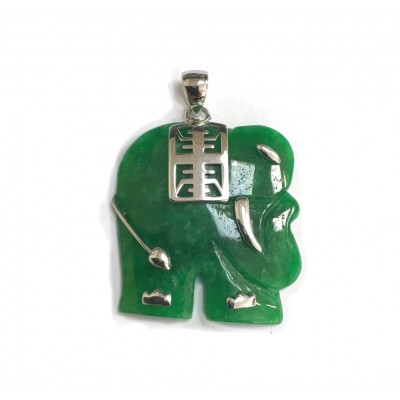 Sterling Silver Pendnat Green Jade Elephant With Silver "Longevity